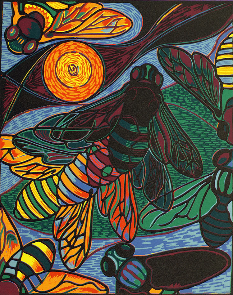 multiple vibrant colored-fruit flies swarming around the pond; the artwork is a reduction woodcut print that is heavily texture with dashed lines; the artworks looks similar to a stained glass window