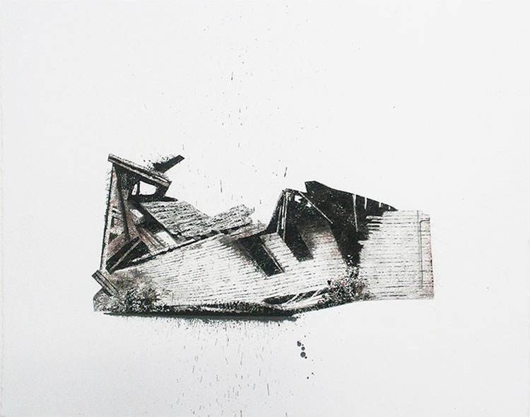 Sumi ink, India ink, tushe on rag paper illustration of a broken home that has f