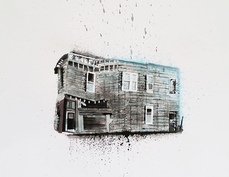 Sumi ink, India ink, tushe on rag paper illustration of a building about to crumble