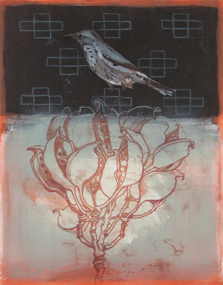 artwork with red hues of a bird perched on top of a California native plant
