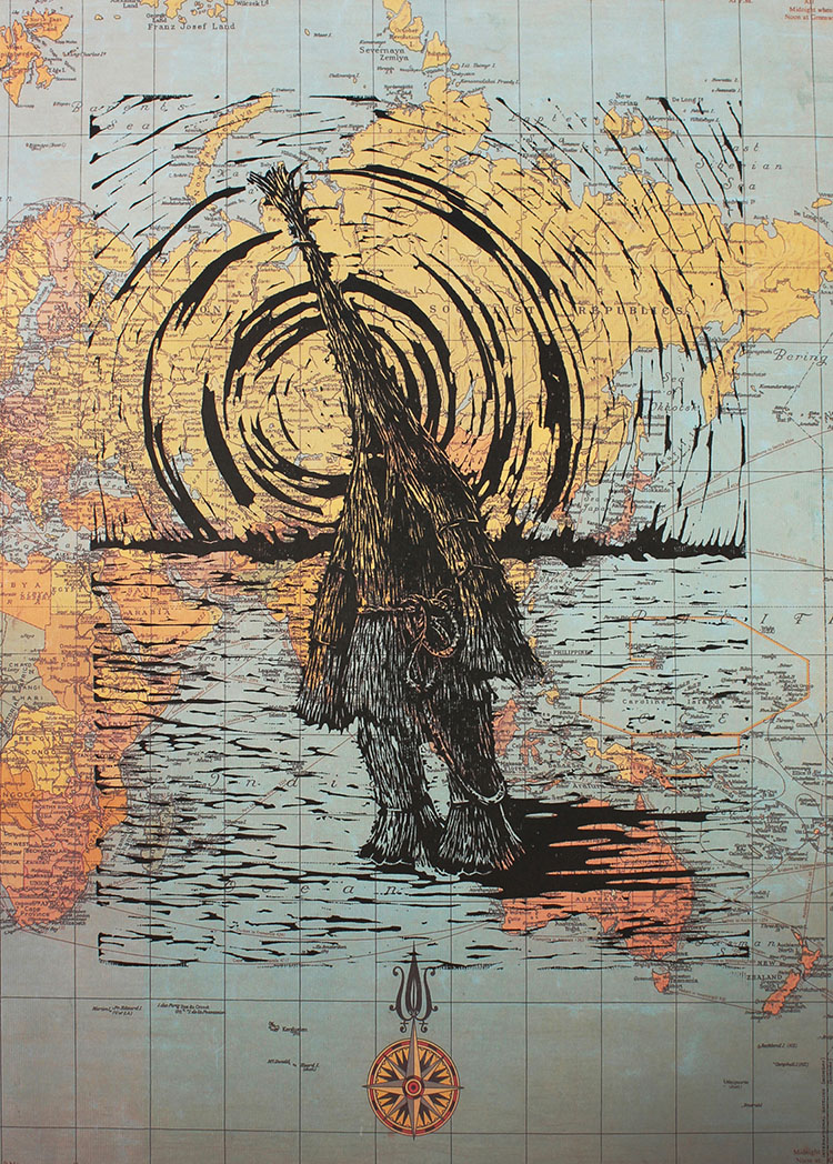 illustration of a strawman standing in the middle of an ocean during sunset with the background as an actual map and compass