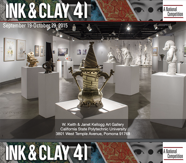 Ink & Clay 41 A National Competition. September 19 - October 29, 2015. W. Keith & Janet Kellogg Art Gallery California State Polytechnic University. 3801 West Temple Avenue, Pomona 91768. Image of gallery space with various sculptures on sculpture stands, as well as flat artworks mounted on the walls.