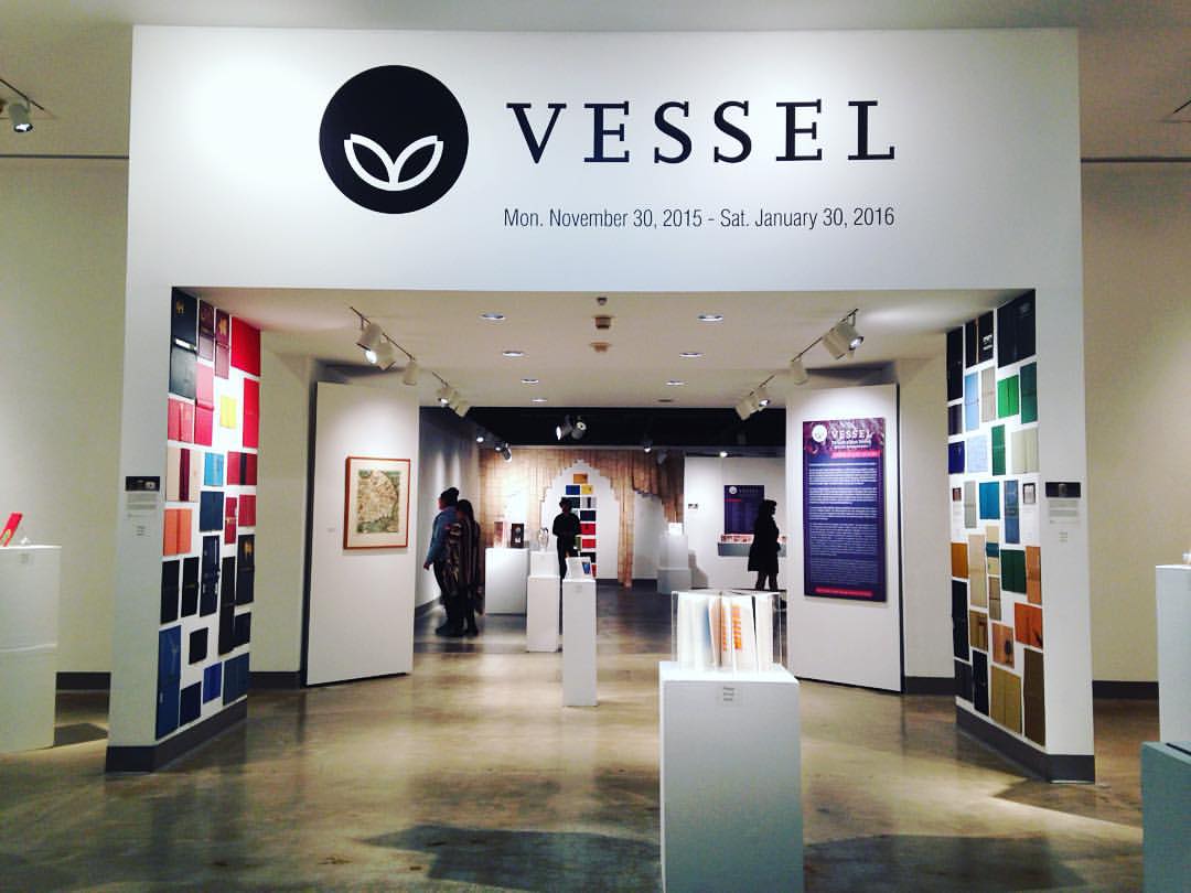 Installation View, Title Wall, VESSEL: The Guild of Book Workers (a Traveling Exhibition), Nov. 30, 2015 to Jan. 30, 2016.