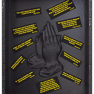 Inspiration. Please. Inspiration, 2017 ink-generated digital text on paper collaged into wooden box, acrylic paint and plastic letters on box, praying hands made using paperclay in a candy mold 11.5 x 8.875 x 2.625” Courtesy of the artist