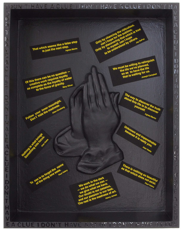 Inspiration. Please. Inspiration, 2017 ink-generated digital text on paper collaged into wooden box, acrylic paint and plastic letters on box, praying hands made using paperclay in a candy mold 11.5 x 8.875 x 2.625” Courtesy of the artist