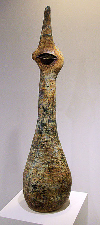 Sentry from the Clay Epoch Series, 2016 hand-built ceramic, oxide wash, and glaze 53 x 14 x 11” Courtesy of the artist