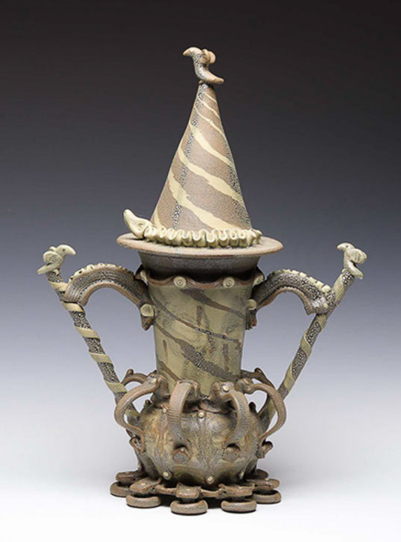 Haniwa Bird and Snake Vessels with Lid, 2017 wheel-thrown, mixed color clays, lizard skin glaze, fired cone 6 24 x 17 x 9 ½” Courtesy of the artist