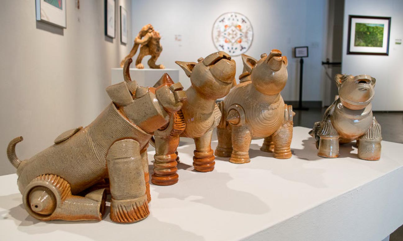 Low Rider, Hug Nut, Sock Dog, Rotundo from the Howling Quartet Series, 2014-2015 Shino glazed, high-fire ceramics 14.5 x 4.5 x 17” Courtesy of the artist