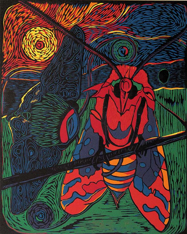 Nocturnal Encounter, 2017 woodcut reduction print 20 x 16” Courtesy of the artist