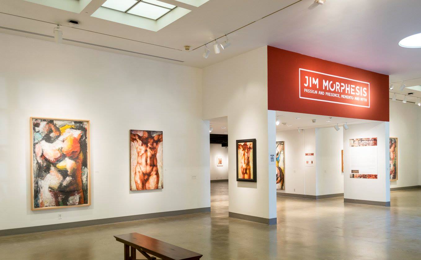 Eastside of front gallery, Exhibition: Jim Morphesis: Passion and Presence, Memento and Myth, Nov 18, 2017 - Feb 1, 2018, Curator: Michele Cairella Fillmore, W. Keith & Janet Kellogg Art Gallery, Cal Poly Pomona. [Panoramic of the South gallery]