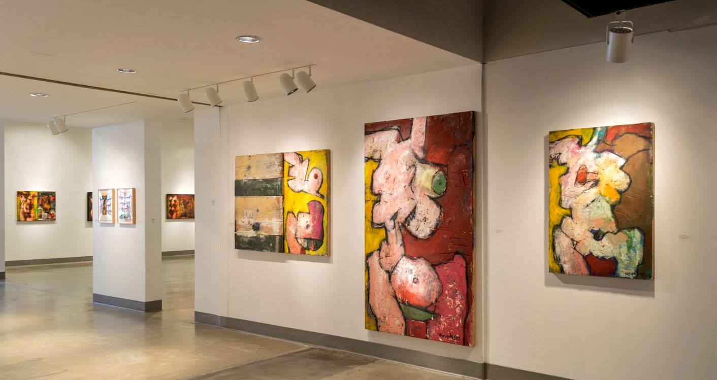 Corridor of gallery, Exhibition: Jim Morphesis: Passion and Presence, Memento and Myth, Nov 18, 2017 - Feb 1, 2018, Curator: Michele Cairella Fillmore, W. Keith & Janet Kellogg Art Gallery, Cal Poly Pomona. [Panoramic of the South gallery]