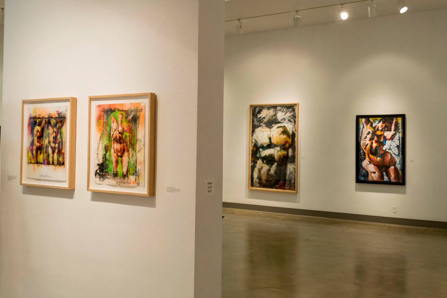Corridor of gallery, Exhibition: Jim Morphesis: Passion and Presence, Memento and Myth, Nov 18, 2017 - Feb 1, 2018, Curator: Michele Cairella Fillmore, W. Keith & Janet Kellogg Art Gallery, Cal Poly Pomona. [Panoramic of the South gallery]