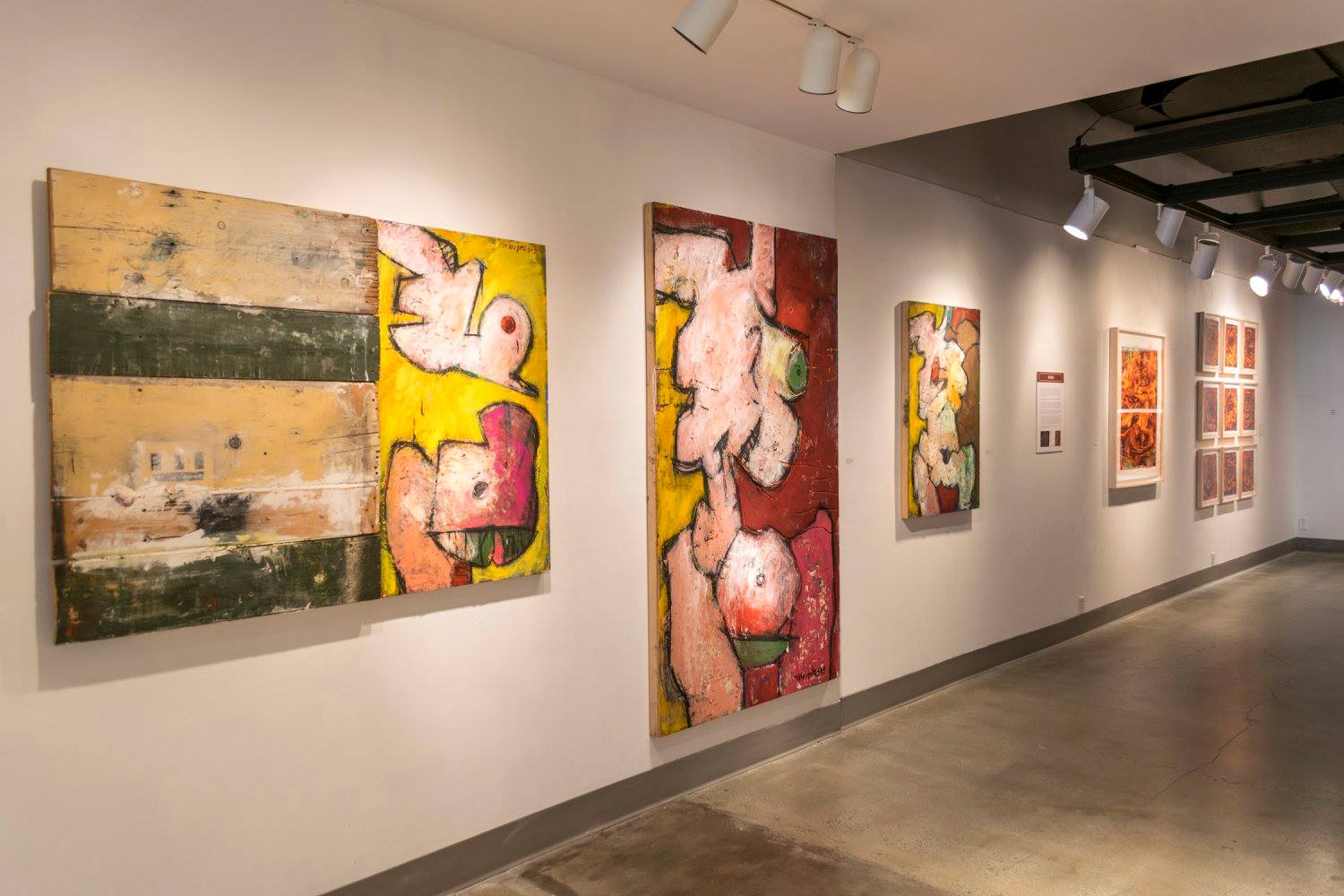 Corridor of gallery, Exhibition: Jim Morphesis: Passion and Presence, Memento and Myth, Nov 18, 2017 - Feb 1, 2018, Curator: Michele Cairella Fillmore, W. Keith & Janet Kellogg Art Gallery, Cal Poly Pomona. [Panoramic of the South gallery]