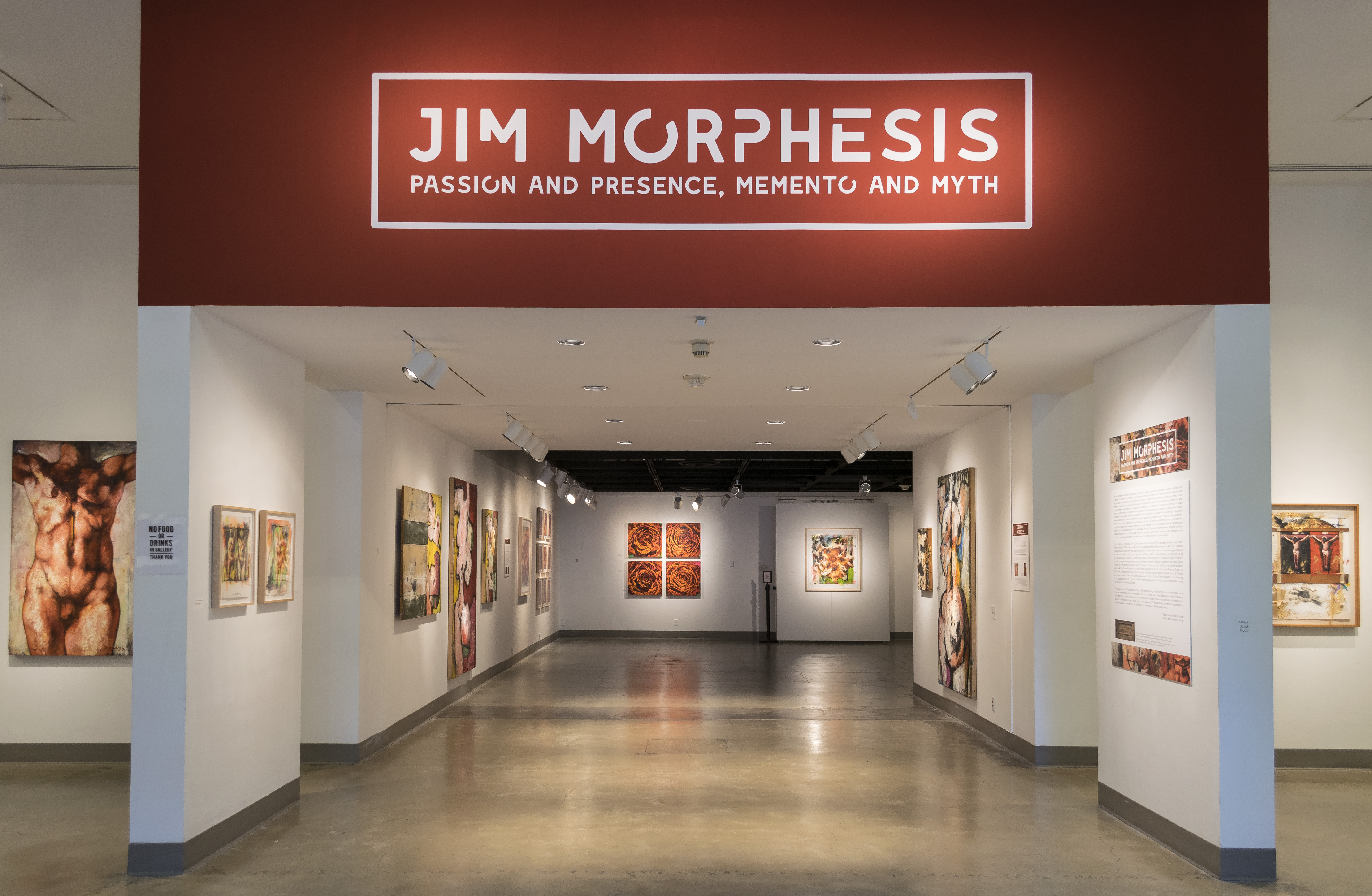 Title Wall entrance view, Exhibition: Jim Morphesis: Passion and Presence, Memento and Myth, Nov 18, 2017 - Feb 1, 2018, Curator: Michele Cairella Fillmore, W. Keith & Janet Kellogg Art Gallery, Cal Poly Pomona. [Title Wall of Jim Morphesis: Passion and Presence, Memento and Myth]