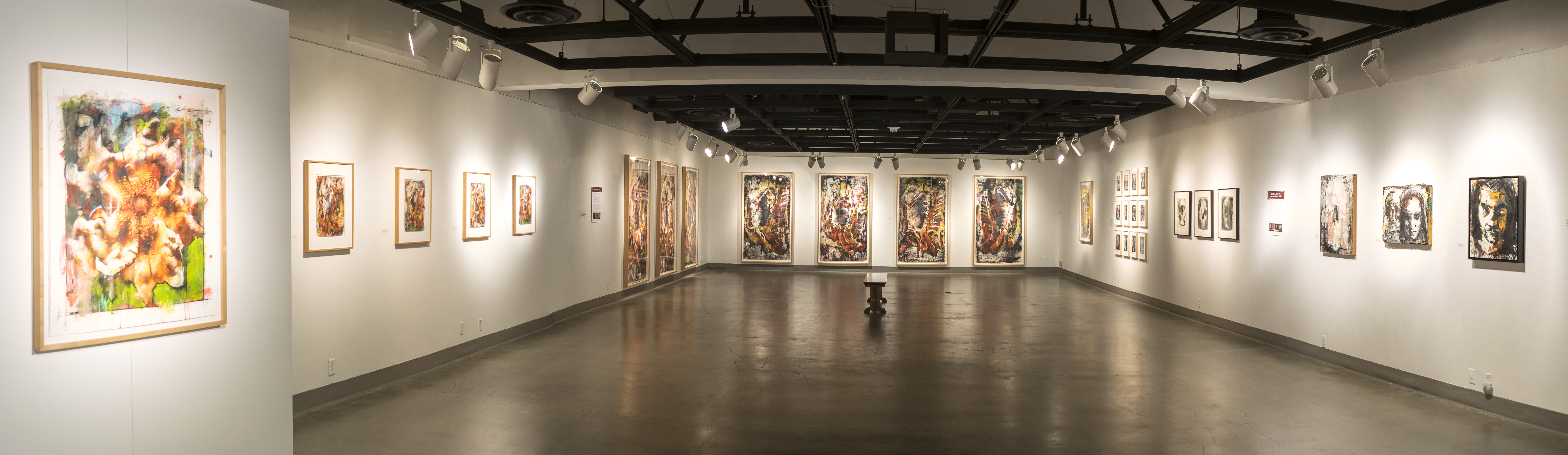 Westside of back gallery, Exhibition: Jim Morphesis: Passion and Presence, Memento and Myth, Nov 18, 2017 - Feb 1, 2018, Curator: Michele Cairella Fillmore, W. Keith & Janet Kellogg Art Gallery, Cal Poly Pomona. [Panoramic of the back gallery]