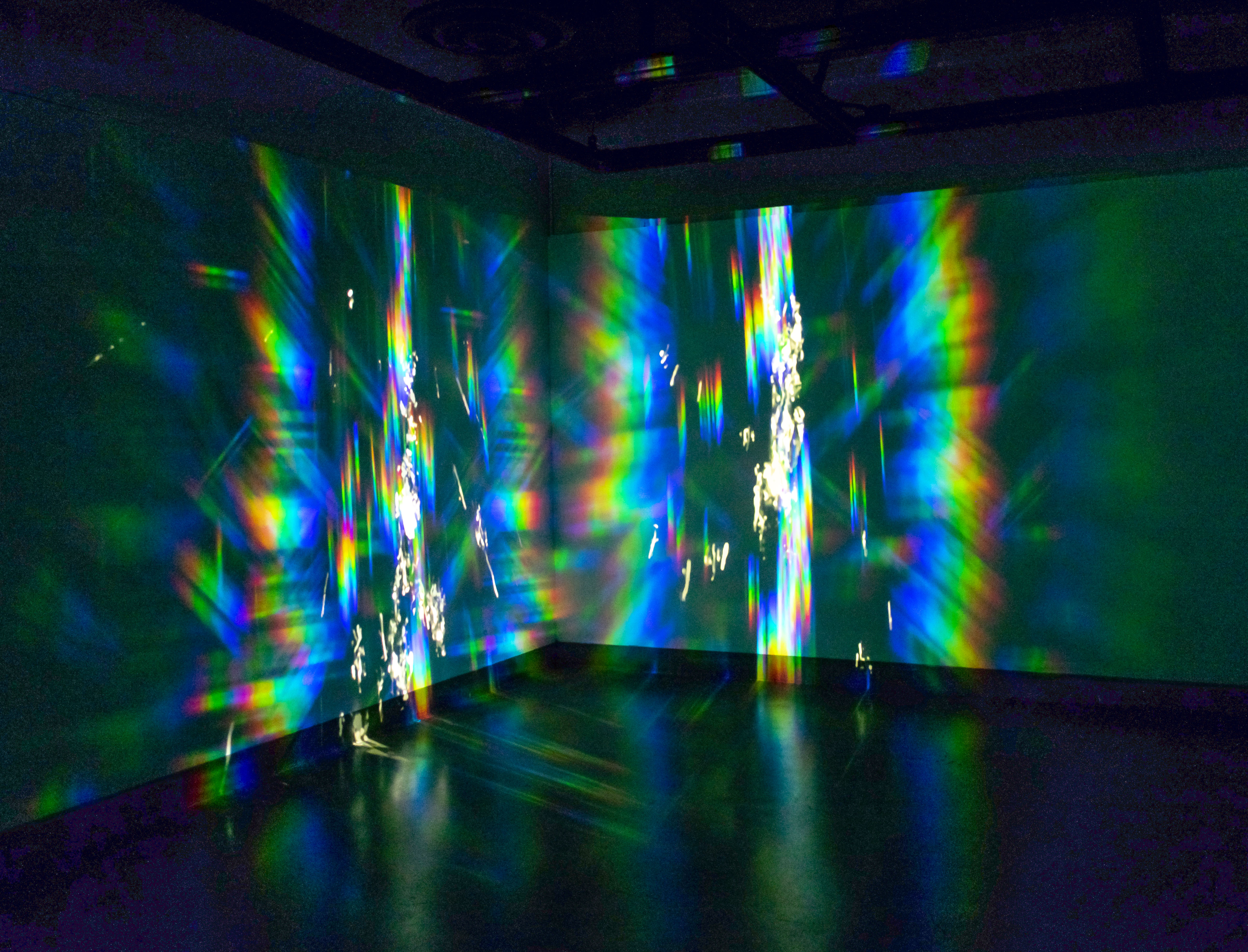 West of gallery, Exhibition: Sasha vom Dorp: 15.15 Hz, Aug. 23 - Oct. 18, 2018, Curator: Michele Cairella Fillmore, W. Keith & Janet Kellogg Art Gallery, Cal Poly Pomona. [15.15 Hz consists of images, as well as interactive light-based, multisensory video sound installations that capture sunlight at 15.15 Hz (Photo Credit: William W. Gunn)]