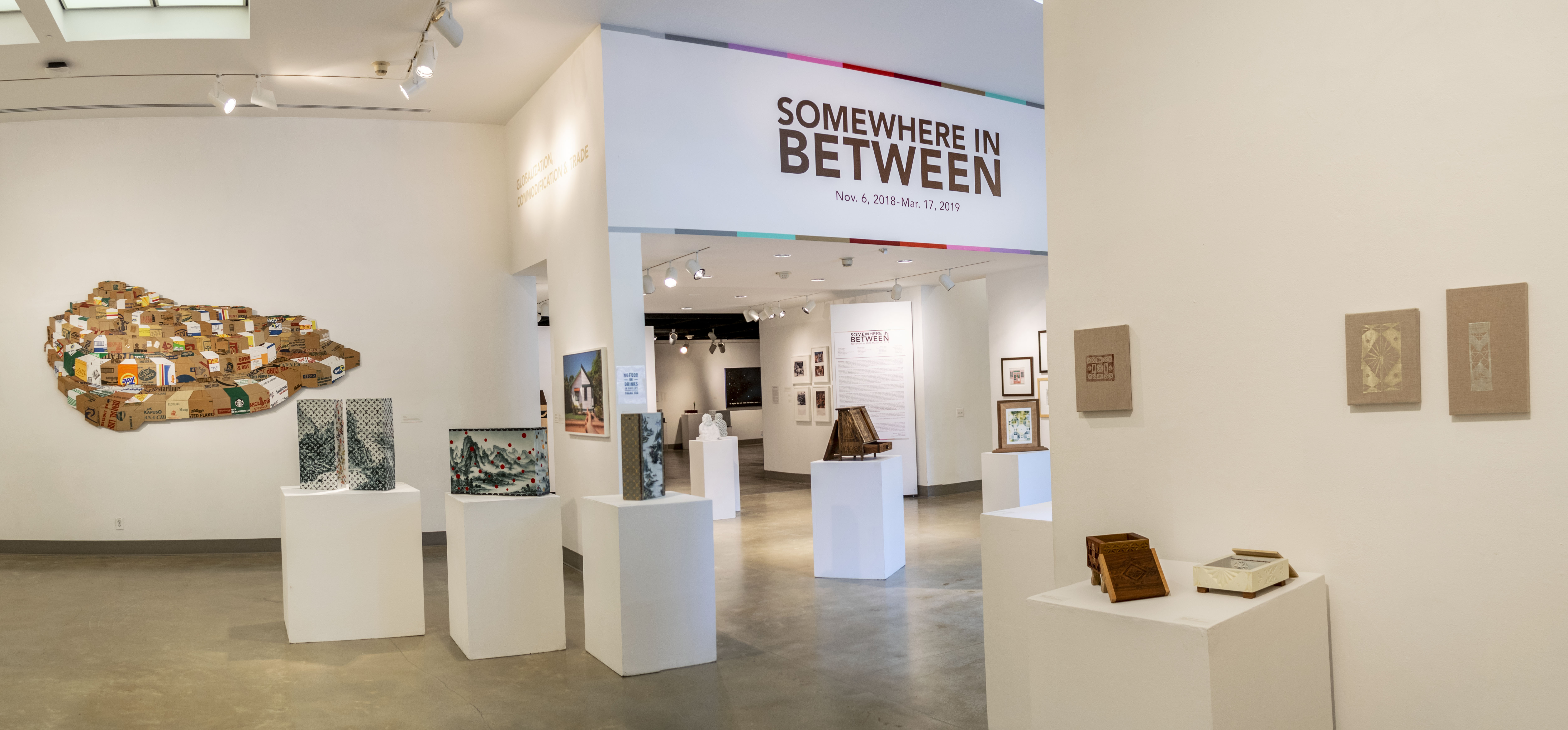 Front eastside view of the gallery, Exhibition: Somewhere In Between, Nov 6, 2018 - Mar 17, 2019,  Co-curated by Michele Cairella Fillmore & Bia Gayotto, W. Keith & Janet Kellogg Art Gallery, Cal Poly Pomona.