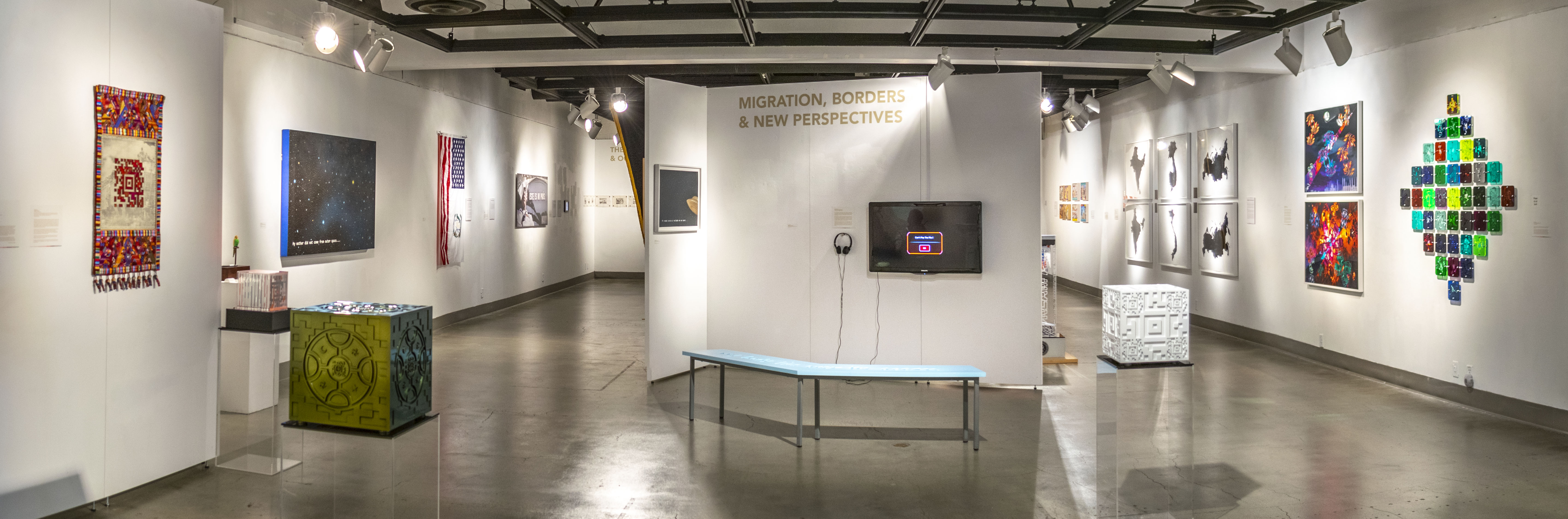 Back eastside view of the gallery, Exhibition: Somewhere In Between, Nov 6, 2018 - Mar 17, 2019,  Co-curated by Michele Cairella Fillmore & Bia Gayotto, W. Keith & Janet Kellogg Art Gallery, Cal Poly Pomona.