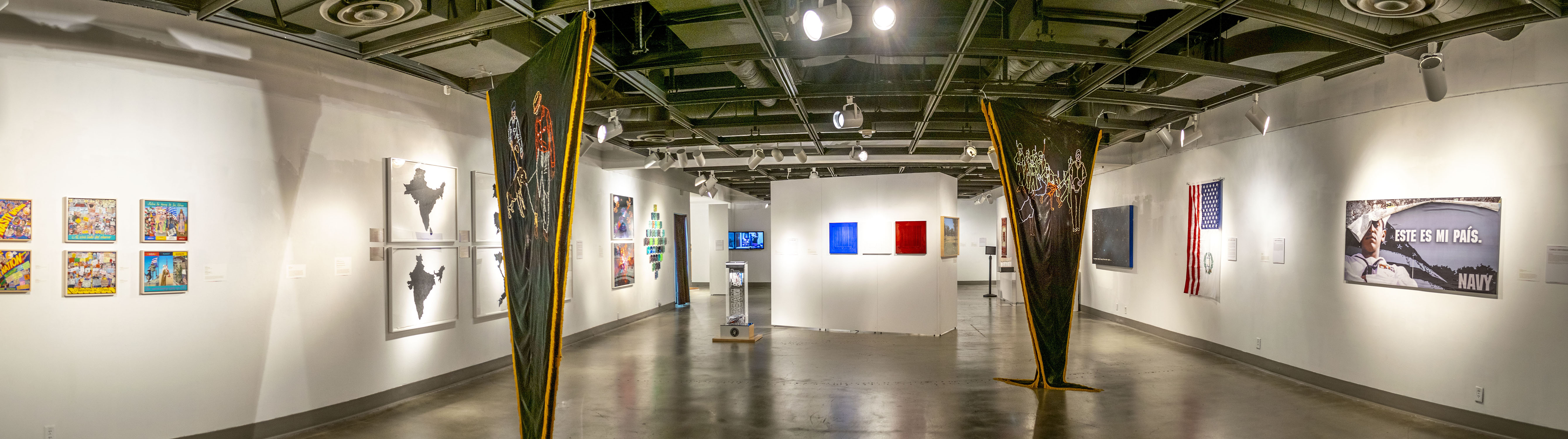Back westside view of the gallery, Exhibition: Somewhere In Between, Nov 6, 2018 - Mar 17, 2019,  Co-curated by Michele Cairella Fillmore & Bia Gayotto, W. Keith & Janet Kellogg Art Gallery, Cal Poly Pomona.