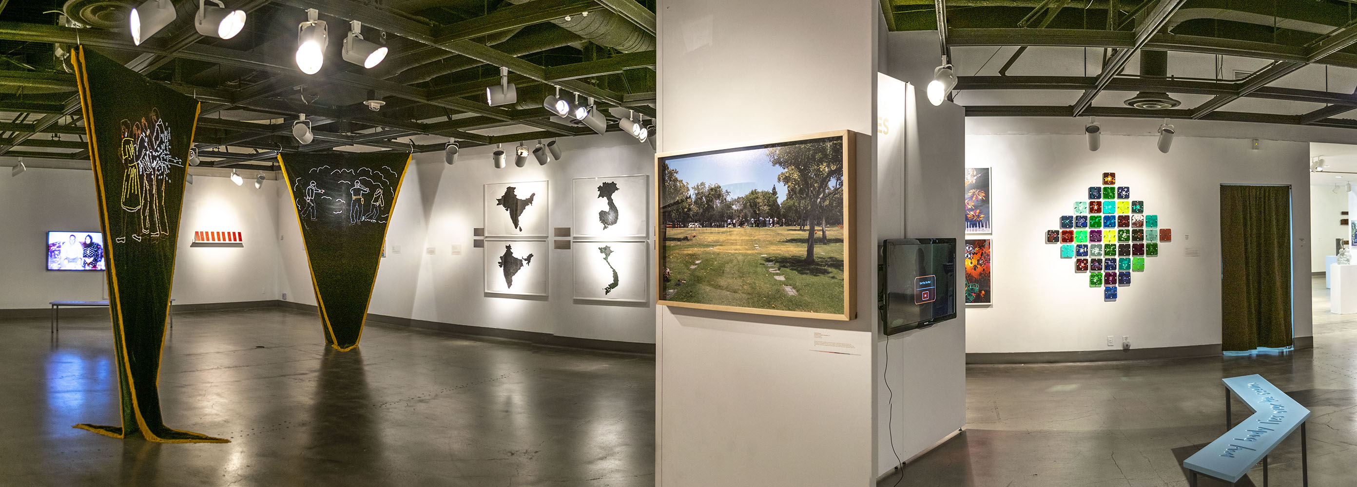 Back view of the gallery, Exhibition: Somewhere In Between, Nov 6, 2018 - Mar 17, 2019,  Co-curated by Michele Cairella Fillmore & Bia Gayotto, W. Keith & Janet Kellogg Art Gallery, Cal Poly Pomona.