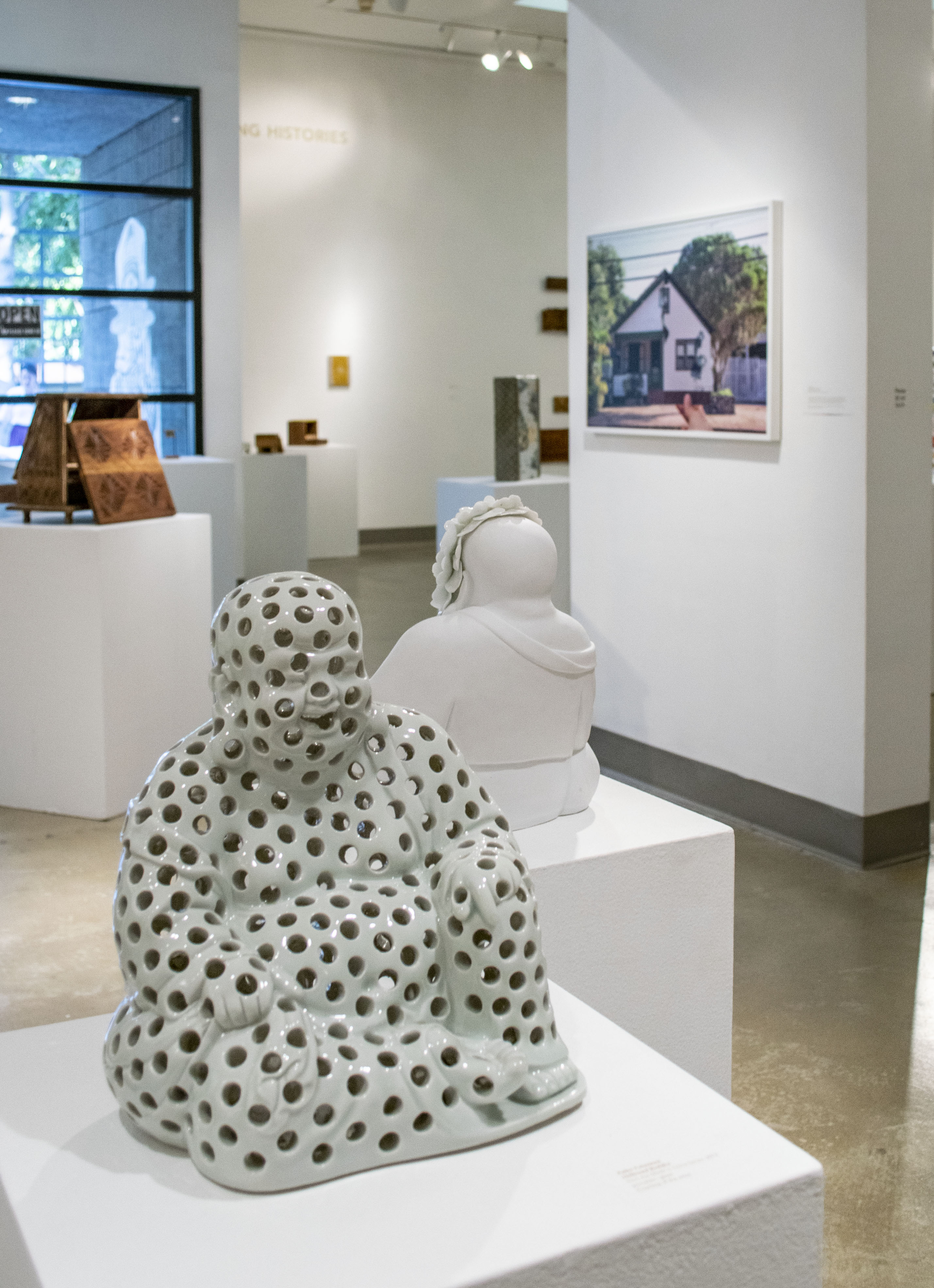 Hallway view of the front gallery, Exhibition: Somewhere In Between, Nov 6, 2018 - Mar 17, 2019, Co-curated by Michele Cairella Fillmore & Bia Gayotto, W. Keith & Janet Kellogg Art Gallery, Cal Poly Pomona.