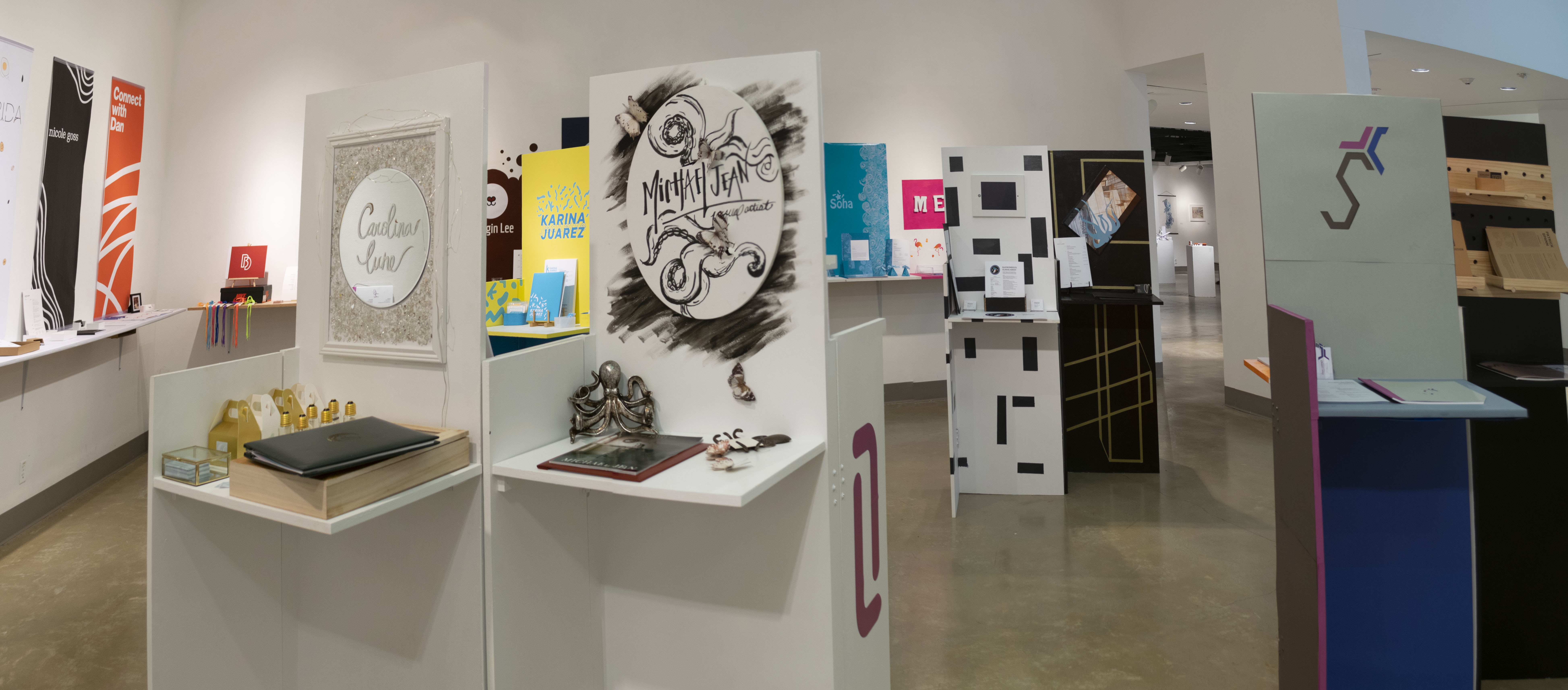Senior Portfolio area at front of gallery, Exhibition: PolyKroma 2019, Apr. 27, 2019 to May 19, 2019, Co-curated by Michele Cairella Fillmore & Sooyun Im, W. Keith & Janet Kellogg Art Gallery, Cal Poly Pomona. 