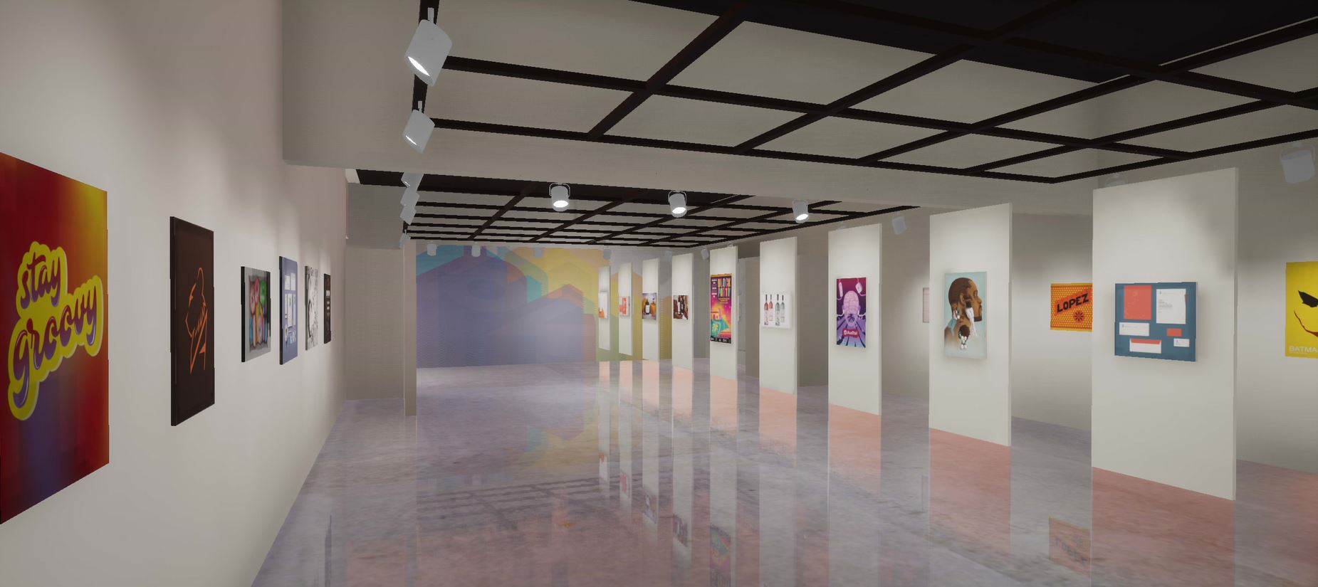 screen capture of inside of virtual gallery. Various modern artworks made using ink and clay are displayed throughout the gallery