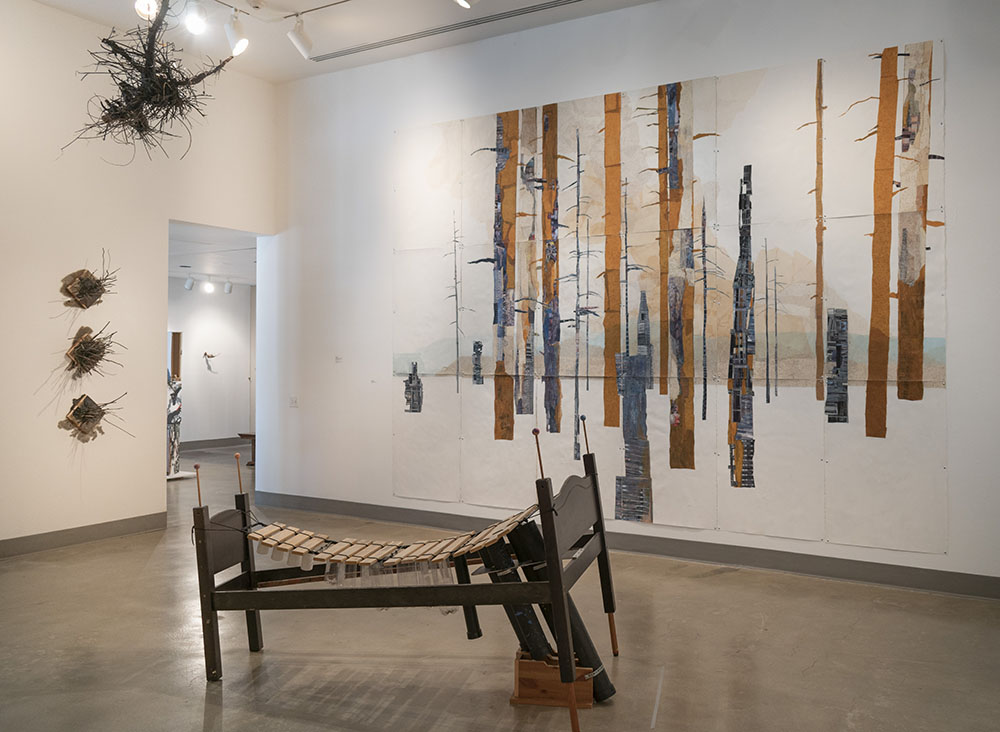 Installation View, Front of Gallery, St. Broxville Wood: Into the Thicket Exhibition. Artists: Jennifer Gunlock, Hilary Norcliffe, and Katie Stubblefield