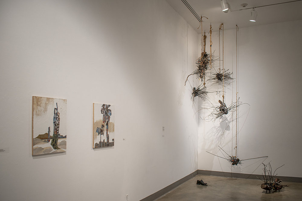 Installation View, Front of Gallery, St. Broxville Wood: Into the Thicket Exhibition. Artists: Jennifer Gunlock, Hilary Norcliffe, and Katie Stubblefield