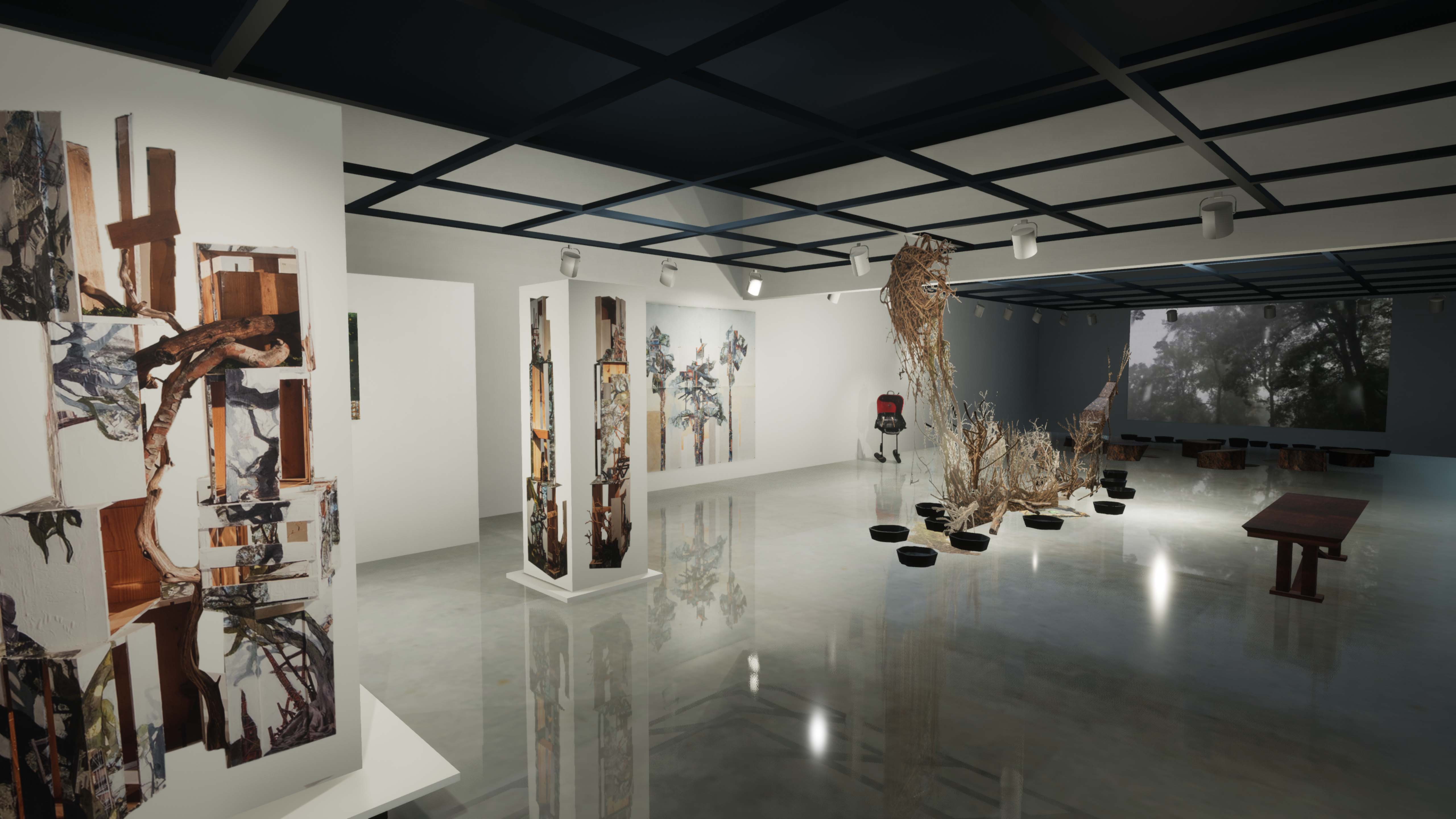 screen capture of inside of virtual gallery. Various modern artworks made using ink and clay are displayed throughout the gallery