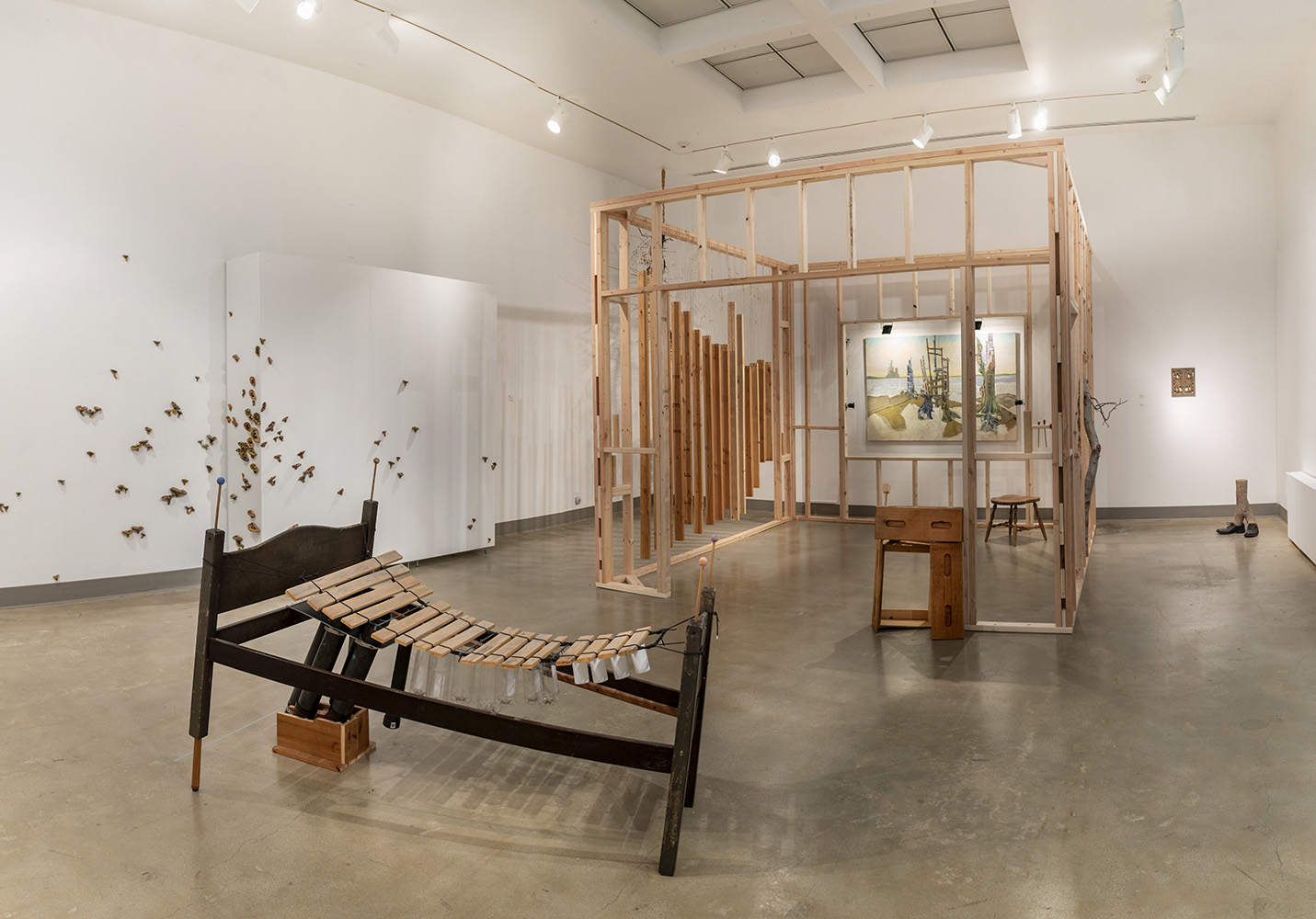 Installation View, Front of Gallery, St. Broxville Wood: Into the Thicket Exhibition. Artists: Jennifer Gunlock, Hilary Norcliffe, and Katie Stubblefield