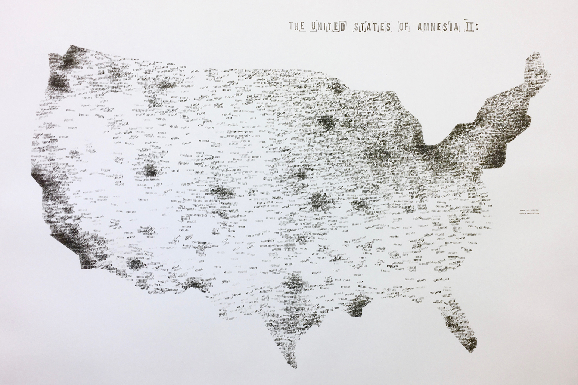 Gerald Clarke  The United States of Amnesia II, 2017  Paper, ink, rubber stamp  42x 54“