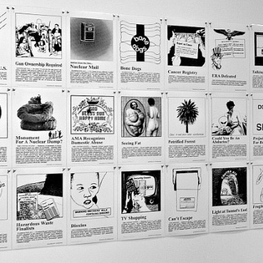Mariona Barkus  Illustrated History the collection installation,1981 to 2020  138 laminated electrostatic prints   Courtesy of the artist   17 x 11” each 51 x 506” overall