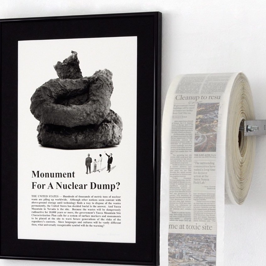 Mariona Barkus  Monument for a Nuclear Dump, 1988 to 2020  mixed media installation: two framed digital prints and “toilet paper roll” of glassine encapsulated nuclear waste newspaper clippings  Courtesy of the artist  51 x 40.5 x 10”       
