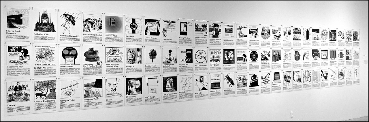 Mariona Barkus  Illustrated History the collection installation,1981 to 2020  138 laminated electrostatic prints   Courtesy of the artist   17 x 11” each 51 x 506” overall