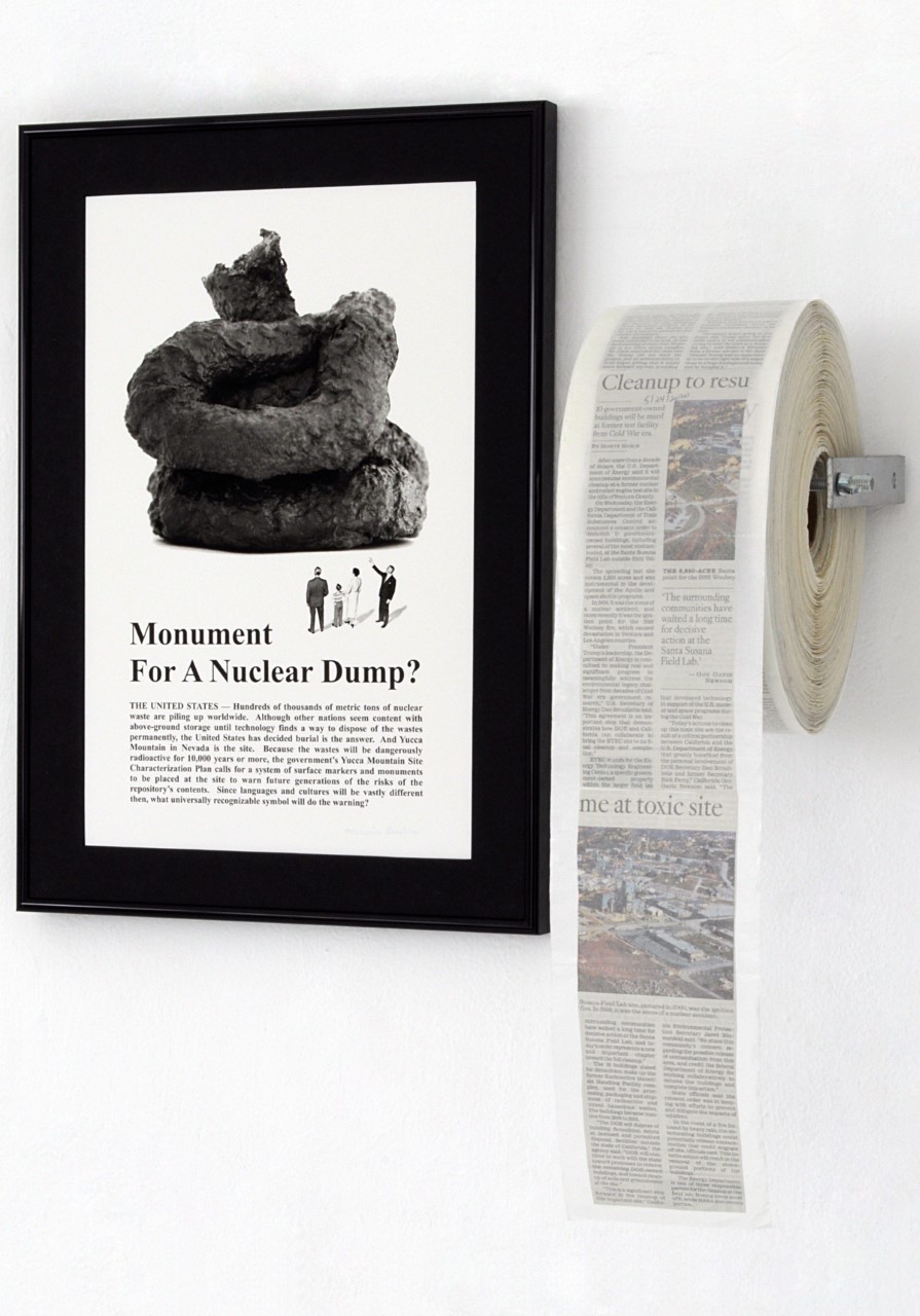 Mariona Barkus  Monument for a Nuclear Dump, 1988 to 2020  mixed media installation: two framed digital prints and “toilet paper roll” of glassine encapsulated nuclear waste newspaper clippings  Courtesy of the artist  51 x 40.5 x 10”       