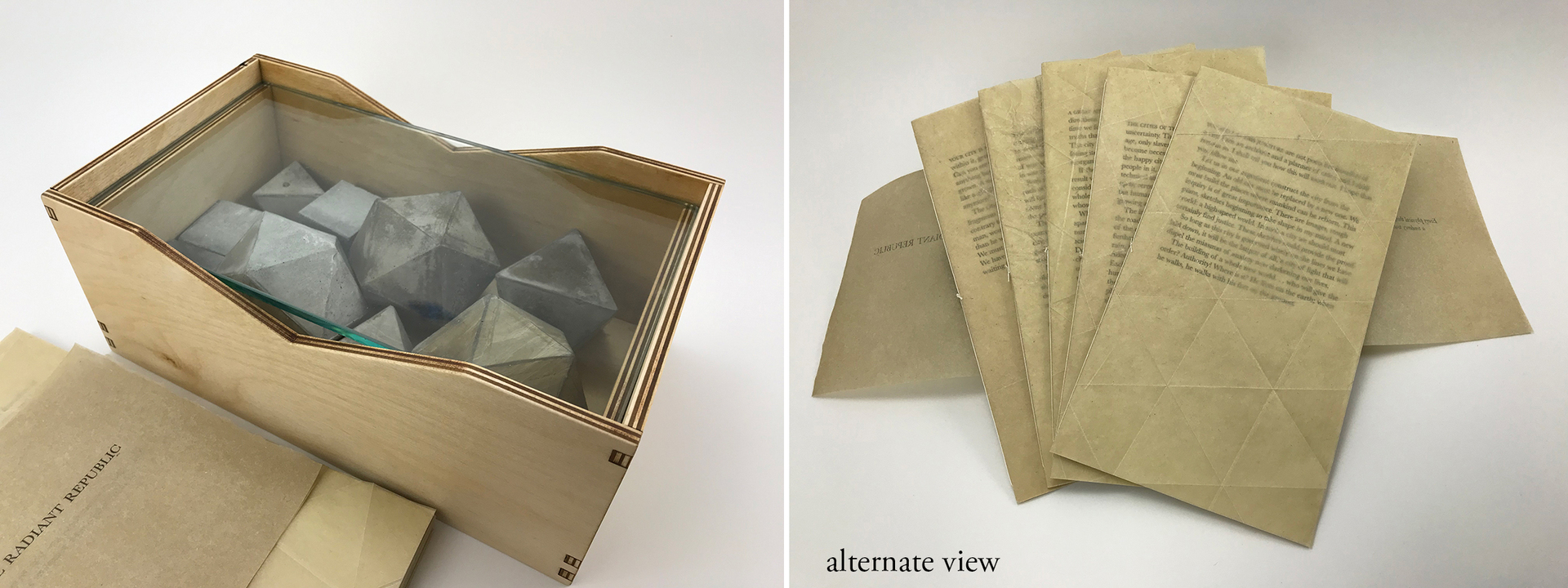 a handmade book with the title "The Radiant Republic" and enclosed in a wooden box with glass that holds weathered platonic solid cast in cement.