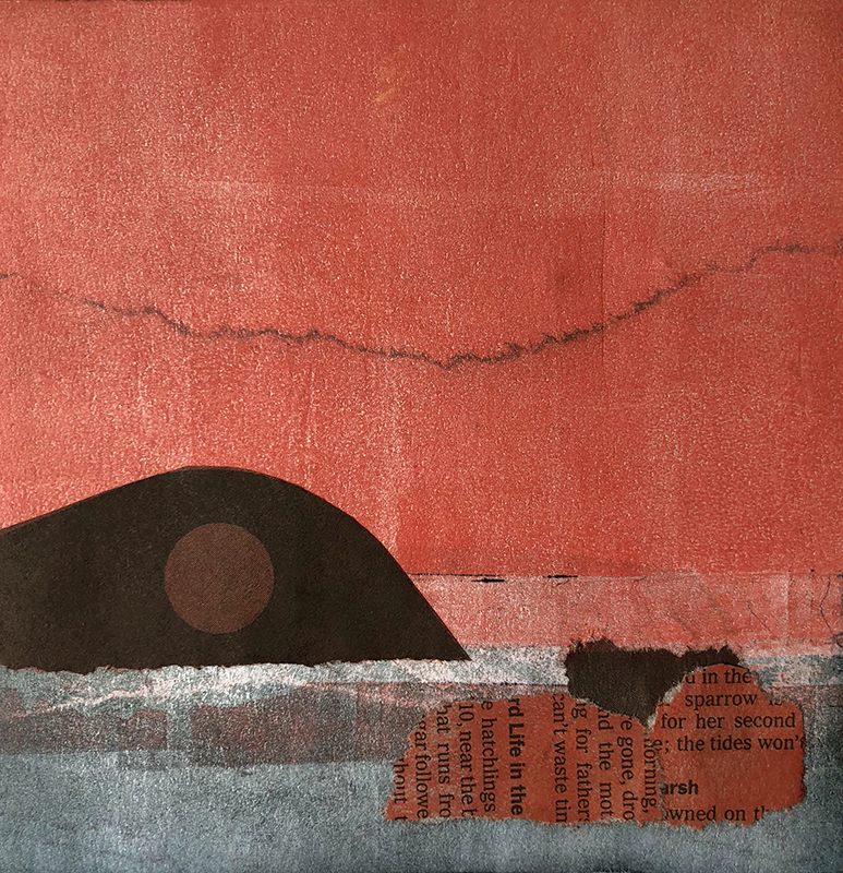  collage styled sunset with blue and white foam water, dark brown land, and torn pieces of black lettered paper.