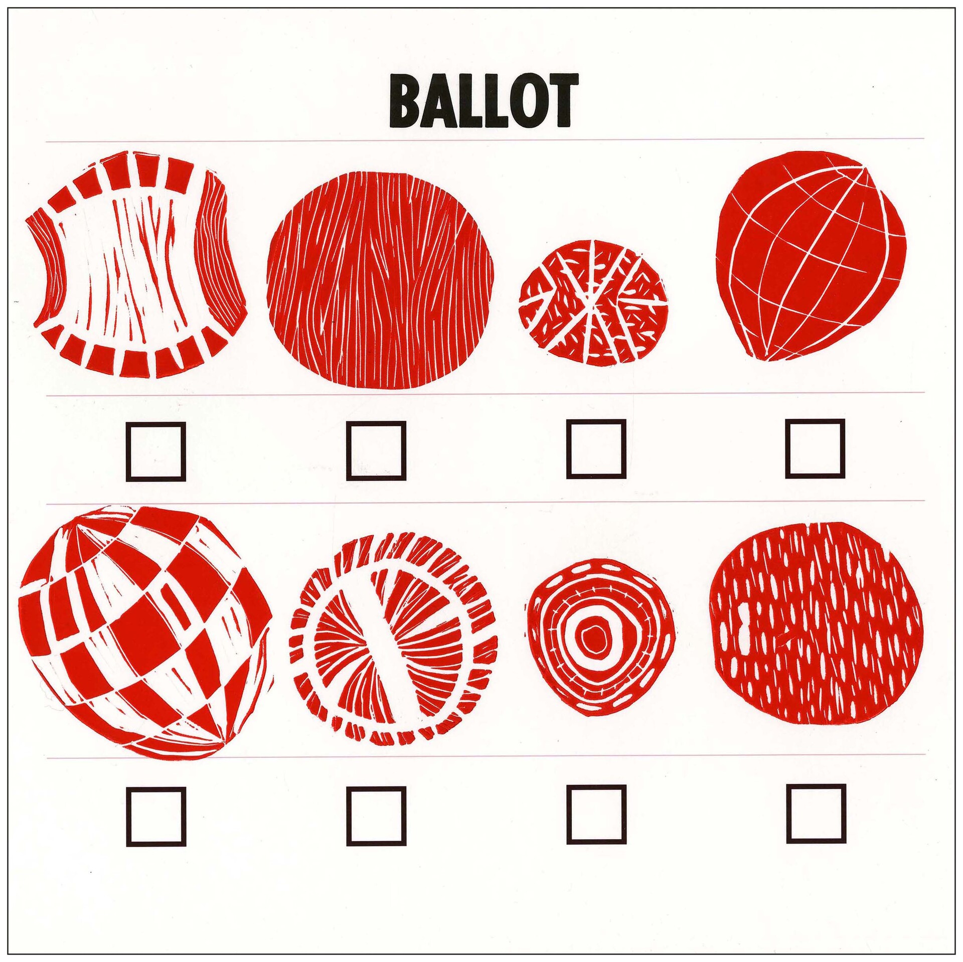 the word "Ballot" is on top of multiple red dot figures with black boxes underneath.