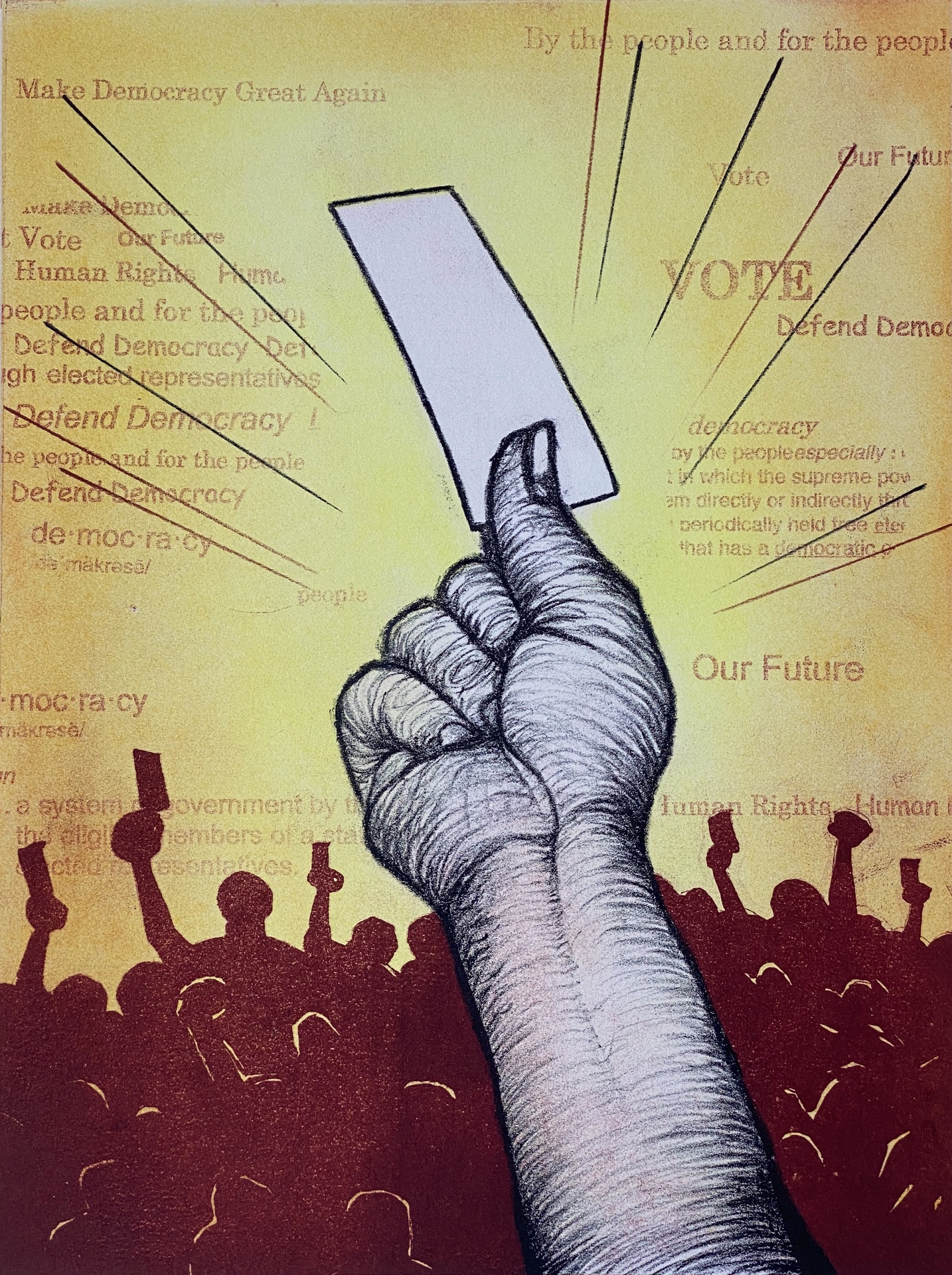  red outlined and shadowed people are holding up their hands with a piece of paper and in the foreground there is an arm and hand reaching out and holding a piece of paper with multiple phrases and words in the background.