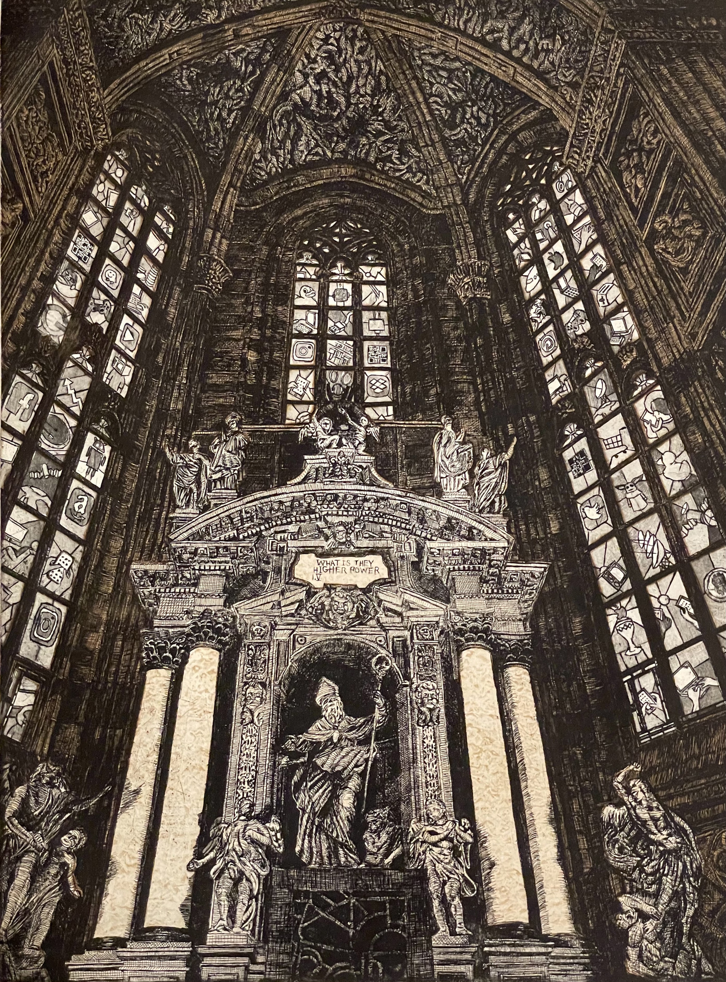 a muted-color etching of inside of a cathedral showcasing the tall stain glassed windows and motifs are represented.
