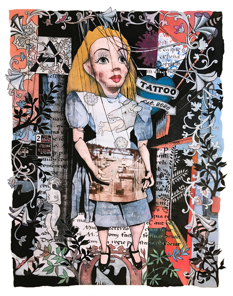 Alice from "Alice in Wonderland" holding a picture with strings attached to her with the background full of foliage and Gothic prayer book images and text.