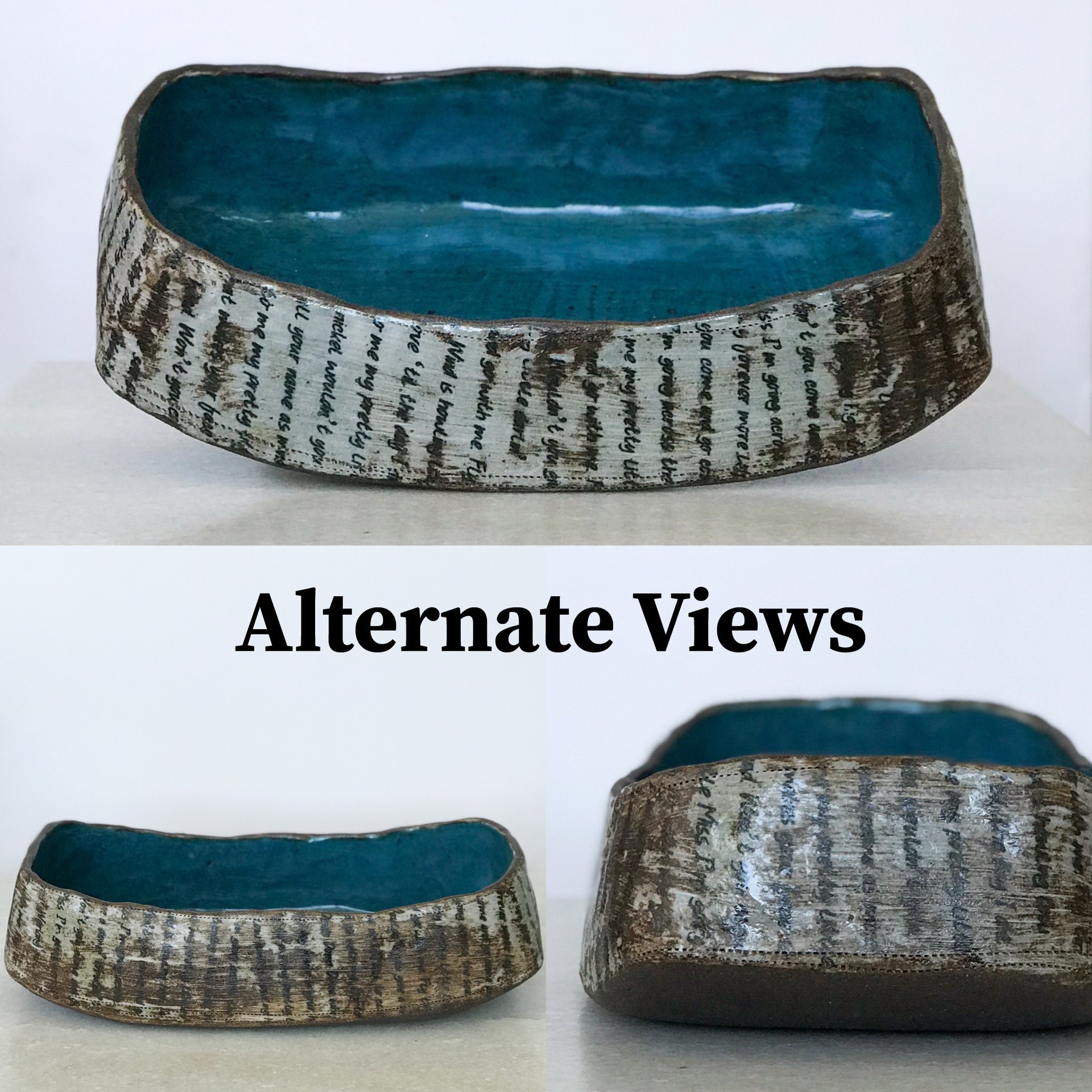  ceramic, organic square shaped bowl. Inside of bowl is blue and outside is light grey with brown texture similar to rust as well as small black words all over the outside of the bowl.