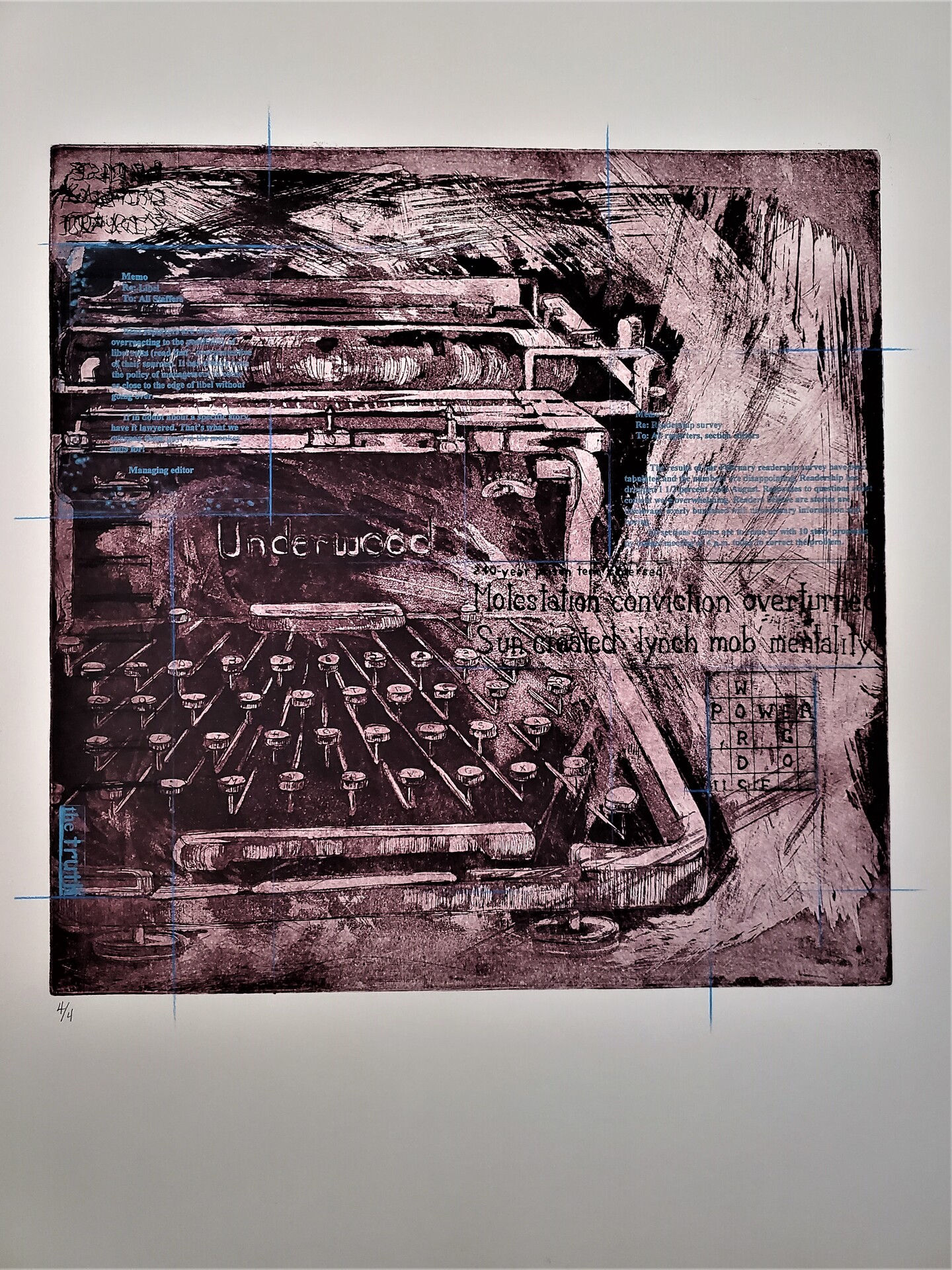 purple toned print of a typewriter with other words and phrases as well as a crossword puzzle overlayed on top of it.