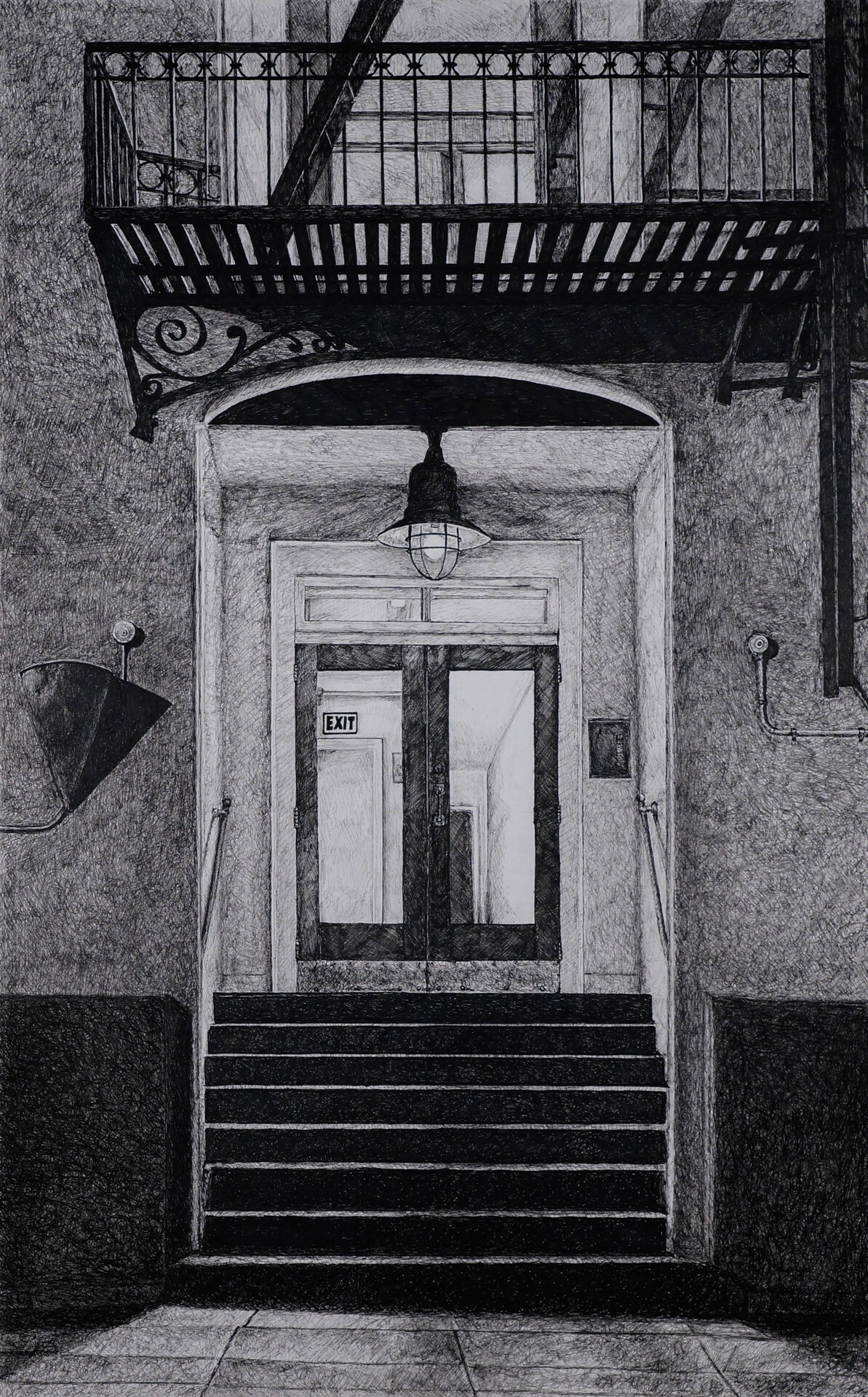 Black and white illustration of the front of a city apartment.