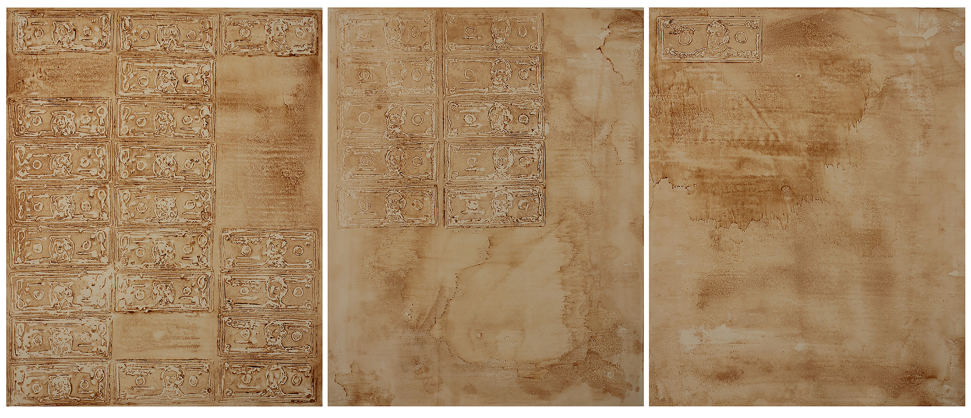 three different rectangular sheets that are a light brown, muddy looking wash. The left most sheet is almost completely filled with drawings of dollar bills that look almost scratched out of the brown pigment that is on the surface. The second sheet (in the middle) has two rows of dollar bills that only go half way down the sheet. The last, right most sheet only has one dollar bill on it.