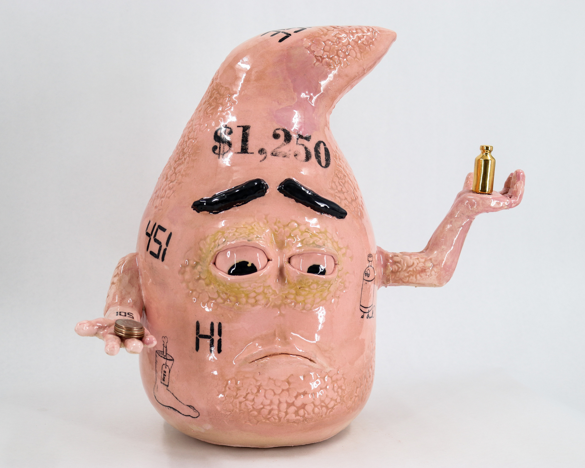 salmon-colored, shiny sculpture of a blob character with arms held up holding a few coins in one hand and a small gold container in the other. The blob character has sad eyes that are looking down. It has various black letters and numbers and drawing on it.