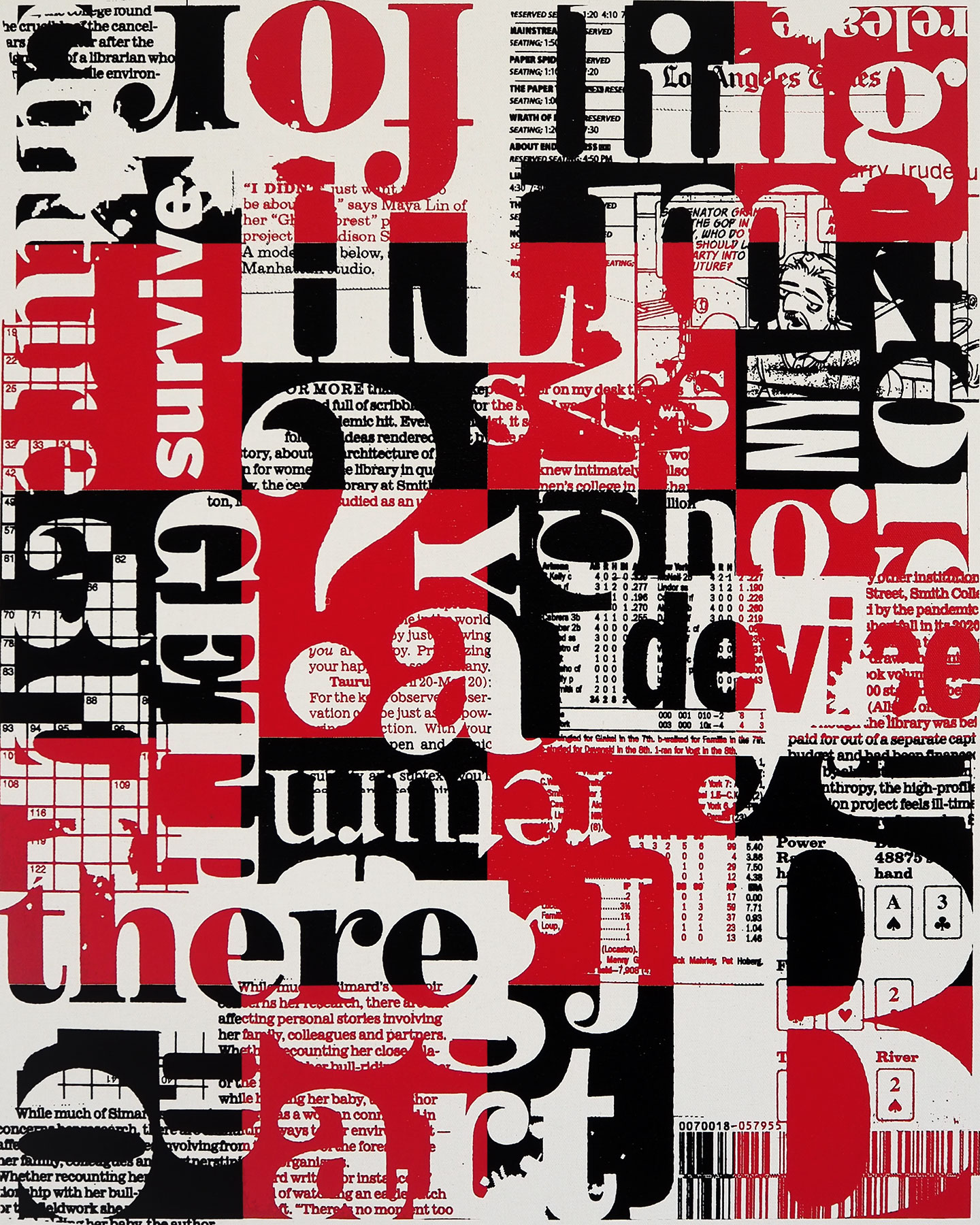 collage of papers, crosswords, and other newspaper elements. Black and red words are printed over the collage.