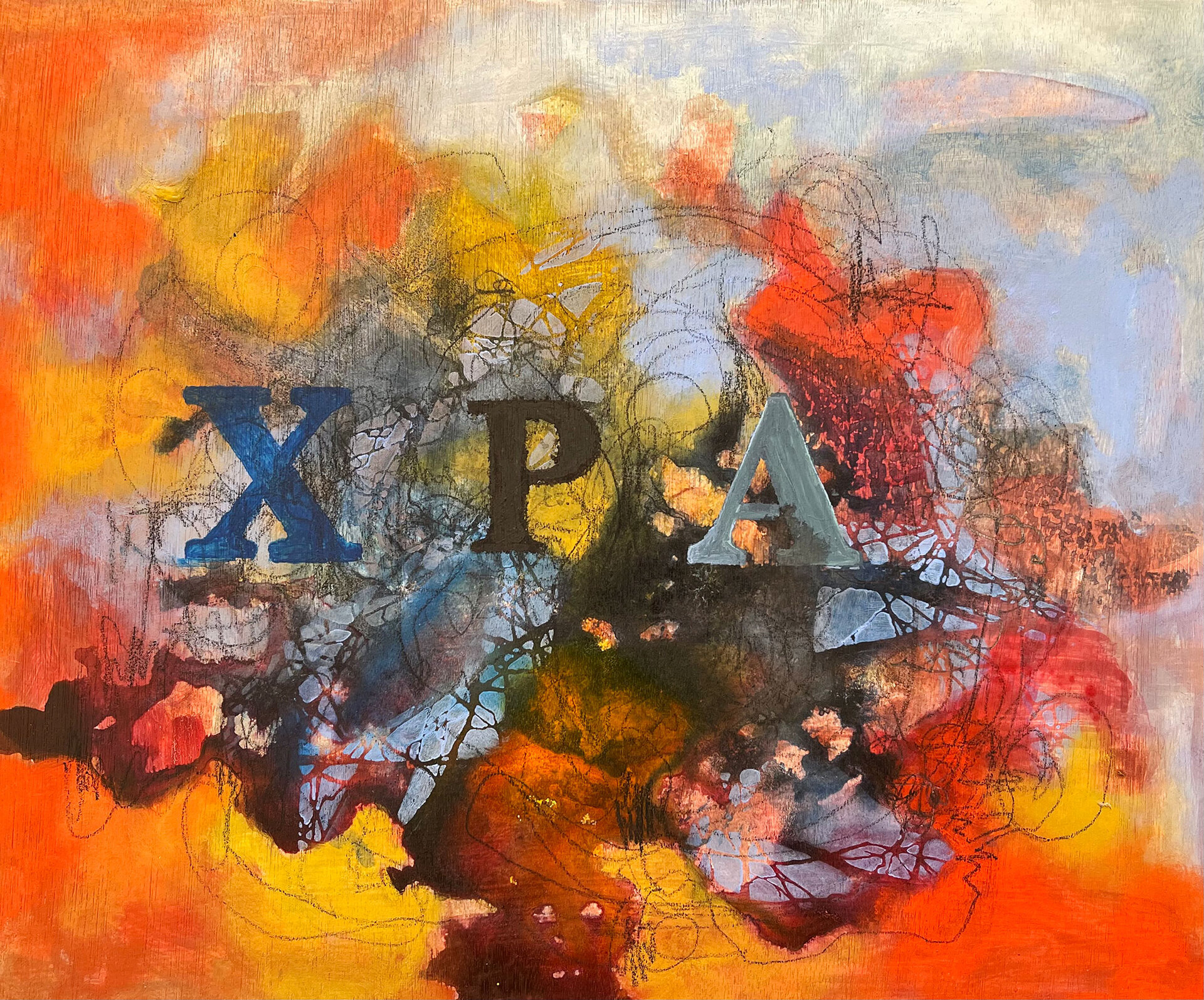 energetic, messy painting with what looks like crayon or charcoal scribbles. The background is a haze of orange, yellow, periwinkle, and dark and light grey. The letters 'XPA' are printed in a serif font over the background with each letter a different color: dark blue, dark brown, and grey.