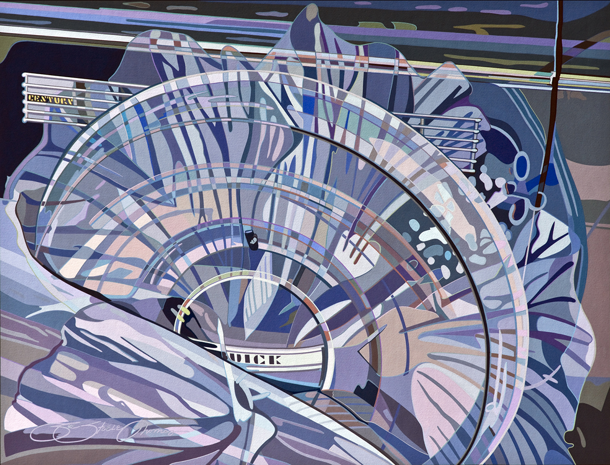 painting of a car tire with a flower overlayed on top of it. Color pallete is mainly light blues and purples.